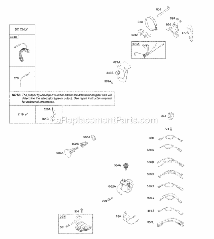 Alternator Ignition Diagram and Parts List for 204315-0164-E1  Briggs and Stratton Engine